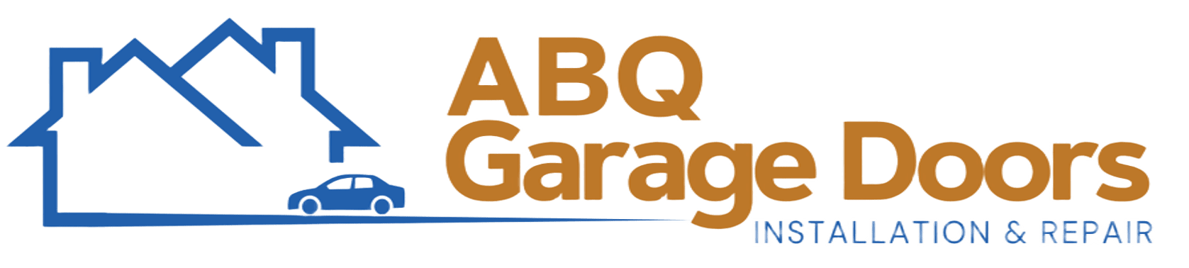 ABQ Garage Doors logo: blue house-outline graphic with a small car, plus orange text 'ABQ Garage Doors' and blue 'INSTALLATION & REPAIR' below.