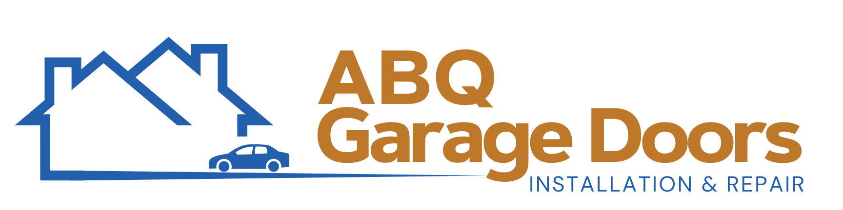Logo for ABQ Garage Doors: blue outline of a house with a car, brown 'ABQ Garage Doors' wordmark, and blue 'INSTALLATION & REPAIR' subtitle.
